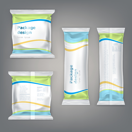 Vector set in a realistic style, ready-to-use design of packaging for snacks - biscuits, chocolate, candy, bars, crackers. Can be used not only for foodのイラスト素材