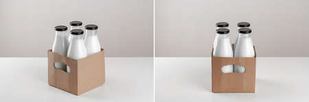 Packaging for dairy products, glass bottles for milk on a white background. Unmarked bottles filled with milk. Bottles in a cardboard box.の写真素材