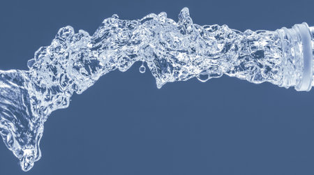 Splash of water from a bottle on a blue background. Reflection on the surface of the water.