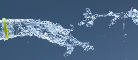 Splash of water from a bottle on a blue background. Reflection on the surface of the water.