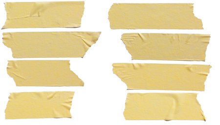 Torn horizontal and different size yellow sticky tape, sticky pieces isolated on white background. Set of yellow tapes.の写真素材