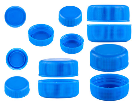 Blue caps for bottles, different sizes. Set of blue caps isolated on a white background.の写真素材