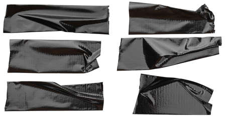 Torn horizontal and different size black glossy sticky tape, sticky pieces isolated on white background. Set of black tapes.の写真素材