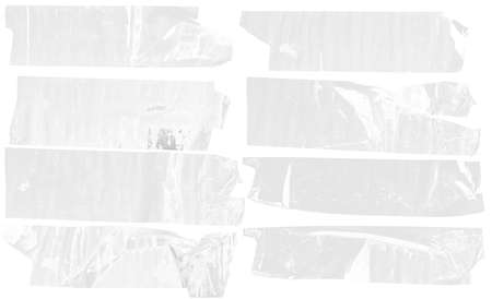 Torn horizontal and different size white glossy sticky tape, sticky pieces isolated on white background. Set of white tapes.の写真素材