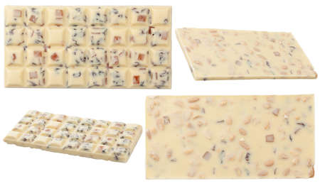 White chocolate bar with nuts and candied fruit. Top, back and side view of chocolate bar isolated on white background.の写真素材