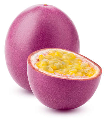 Passion fruit cut and whole. Passionfruit isolated on white background.の写真素材