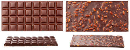 Milk chocolate bar with nuts. Top and bottom view of chocolate bar, isolated on white background.の写真素材