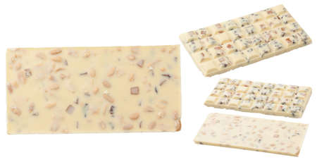 White chocolate bar with nuts and candied fruit. Top and bottom view of chocolate isolated on white background.の写真素材