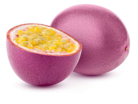 Passion fruit cut and whole. Passionfruit isolated on white background.の写真素材