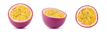 Passion fruit. Three pieces of passion fruit, cut up, isolated on white background.の写真素材