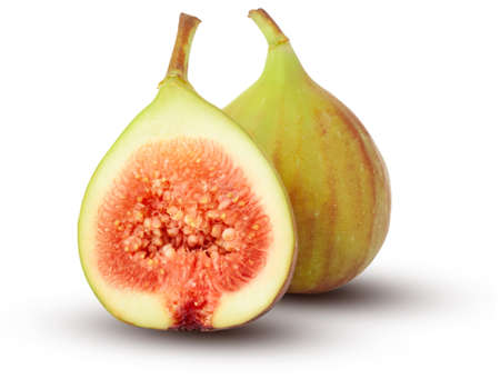 Fig green. Cut in half and whole fig. Green-red fruit isolated on a white background.の写真素材