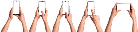 A man holds in his hands a blank black smartphone screen with a modern frameless design. Five positions isolated on white backgroundの写真素材