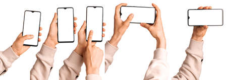 A man holds in his hands a blank black smartphone screen with a modern frameless design. Five positions isolated on white backgroundの写真素材
