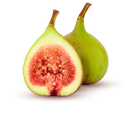 Fig green. Cut in half and whole fig. Green-red fruit isolated on a white background.の写真素材
