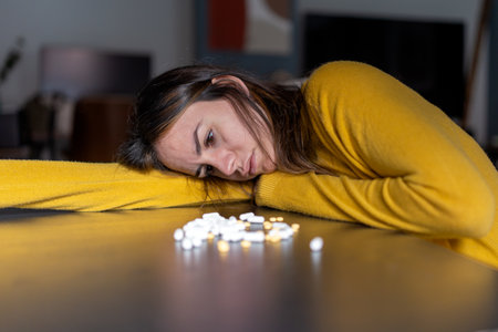 Adult melancholic female with long dark hair in yellow sweater leaning head on hand at table with pile of antidepressant pills at homeの写真素材