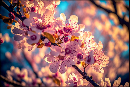 A cherry blossom branch in focus, with a blurred background of the entire tree in full bloom,...