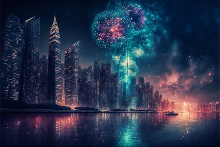 A breathtaking sight of colorful fireworks bursting in the sky above towering skyscrapers, seen from the perspective of the vast ocean in front of themの写真素材