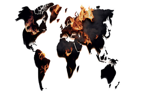 Smoldering map of the world with burning fire on white background symbolizing global warmingの写真素材