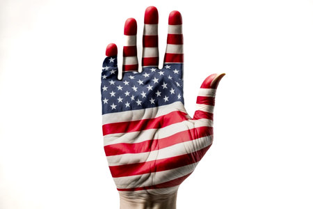 Crop anonymous male hand painted with striped USA flag with stars isolated on white backgroundの写真素材