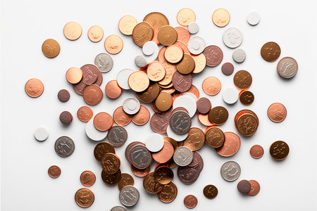 Top view of bronze and silver different shaped coins placed on white backgroundの写真素材