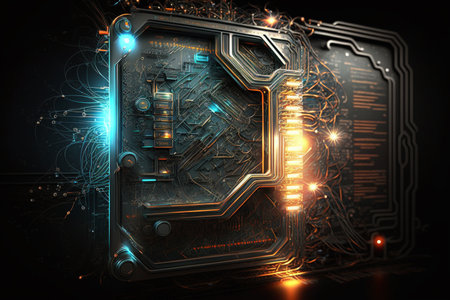 A visually dynamic abstract circuit design, featuring intricate lines and shapes representing the...