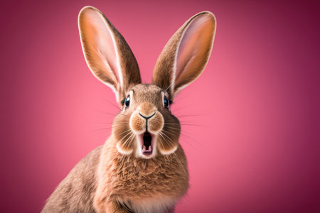 An adorable Easter bunny sitting on a pink backdrop exudes happiness and springtime vibes, perfect...