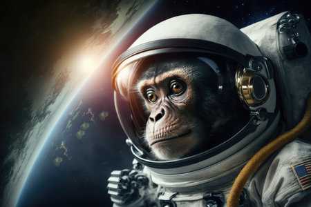 A monkey astronaut floating in outer space with the planet Earth in the background, a cute and...