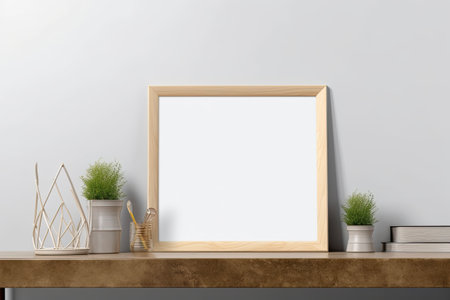 3D illustration of square blank frame and small potted plants arranged on shelf with creative decorations and books against gray backgroundの写真素材