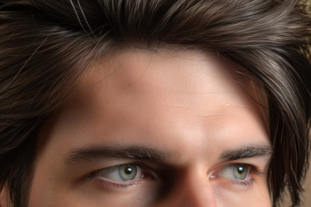 3D illustration of crop unrecognizable young male model with dark hair and green eyes looking away against beige backgroundの写真素材