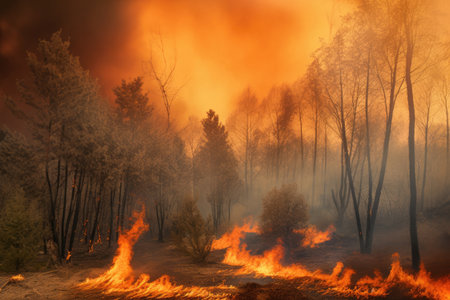 Illustration of lush forest with tall trees in fire with burning dry grass and thick smoke