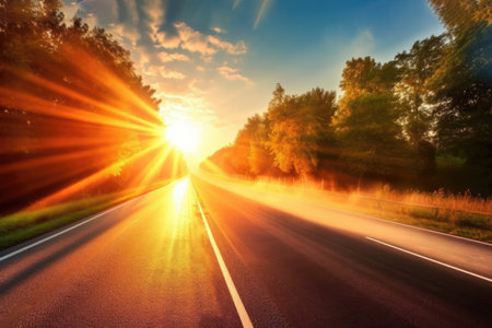 Early in the summer morning, the suns rays shine down a pretty road. A cozy start to a promising day