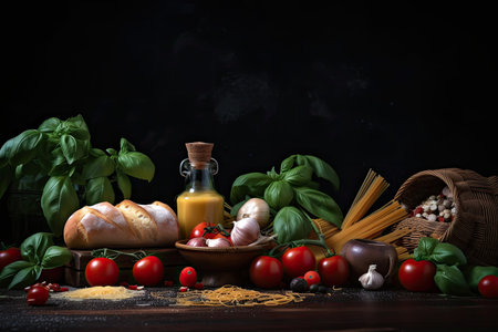 Authentic Italian ingredients arranged beautifully on a dramatic black background, perfect for your culinary projectの写真素材
