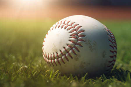 A baseball on the lush green grass of a large stadium. The iconic symbol of American favorite pastimeの写真素材