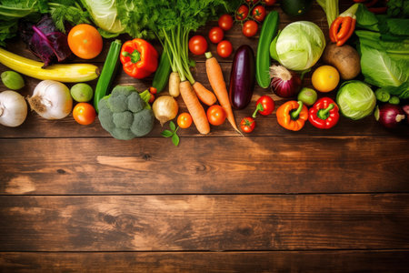 Fresh vegetables on old wooden background with plenty of copy space - the perfect natural and rustic backdrop for your messageの写真素材