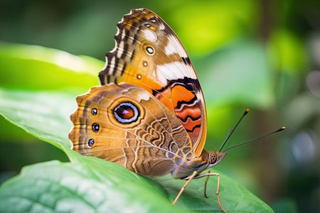 A vividly colored butterfly perched delicately on a lush green leaf, symbolizing the beauty and fragility of nature, with a dreamy, blurred backdropの写真素材