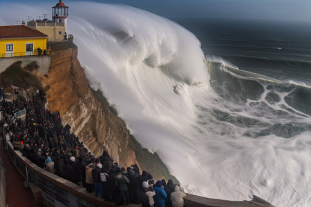 The worlds biggest wave at Nazare, Portugal astounds onlookers as it dwarfs the lighthouse, leaving a lasting impressionの写真素材