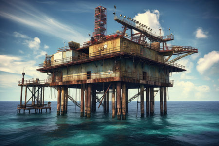 An old and rusted oil refinery sits in the middle of the sea, a lonely structure amidst the vast expanse of blueの写真素材