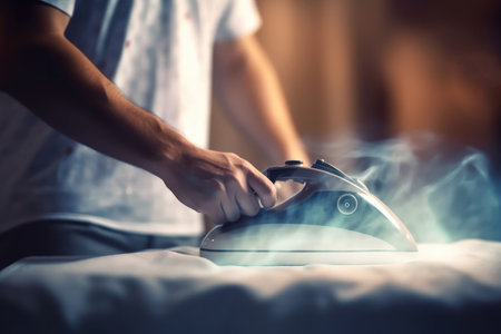 Close-up of a man ironing clothes, breaking gender stereotypes and promoting equality in household choresの写真素材