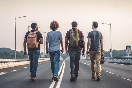 Four friends walking together on a road, seen from behind, symbolizing friendship and companionshipの写真素材