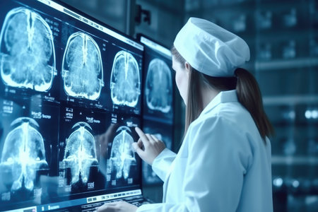 Focused female doctor in uniform standing near monitors and checking results of brain x rays while working in modern laboratoryの写真素材