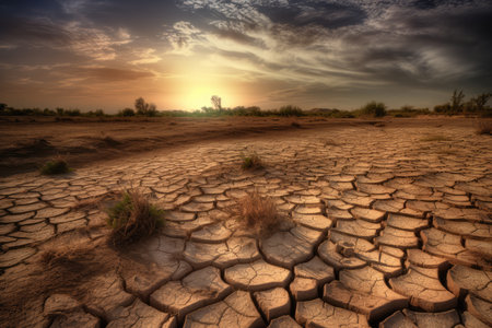 Scenic view of textured uneven surface of beige sandstone with cracks and dry plants against green trees in desert in sundown in eveningの写真素材