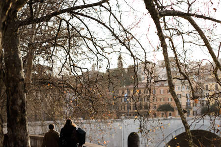 Branches of a leafless tree on the riverside promenade with people walking by.の写真素材