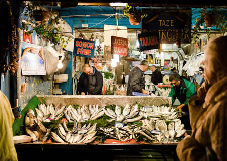 Istanbul, Turkey, December 1, 2014: Fish shop in the street at nightのeditorial素材