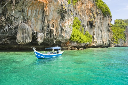 Blue ship on blue seaの写真素材