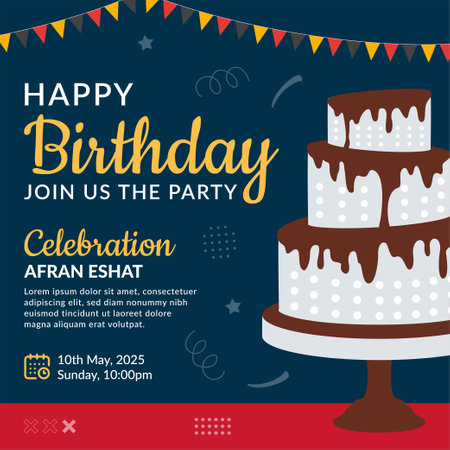 Birthday invitation card with cake and confetti. Vector illustration.のイラスト素材