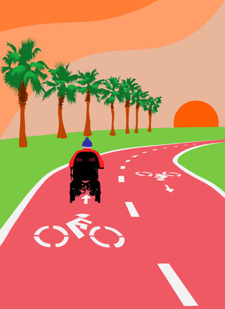 Sunset Journey: Wheelchair User Cruising Along a Palm-Lined Path towards the Golden Horizonのイラスト素材