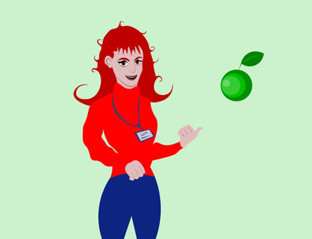 Magical Gesture: Red-haired Woman Pointing at Floating Green Appleのイラスト素材