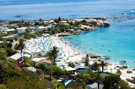 The beautiful clifton beatch at Camps Bay in Cape Town, South Africa. Clifton is an affluent suburb of Cape Town, South Africa. It is an exclusive residential area with dwellings nestled on cliffs that have sweeping views of the Atlantic Oceanの写真素材
