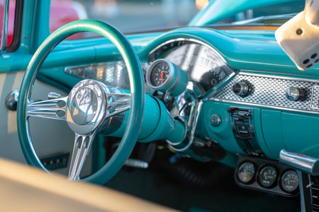 Steering wheel and dashboard of a vintage car, close-upの写真素材