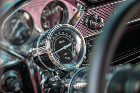 Steering wheel and dashboard of a vintage car, close-upの写真素材